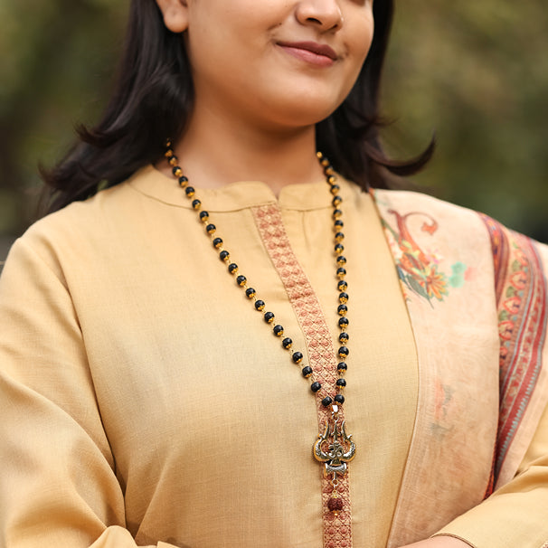 Karungali Malai in Gold-Cap with Shiv Trishul & Rudraksha Pendant Lifestyle Female