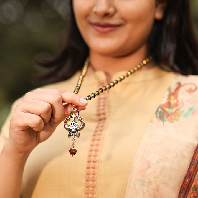 Karungali Malai in Gold-Cap with Shiv Trishul & Rudraksha Pendant Lifestyle Female
