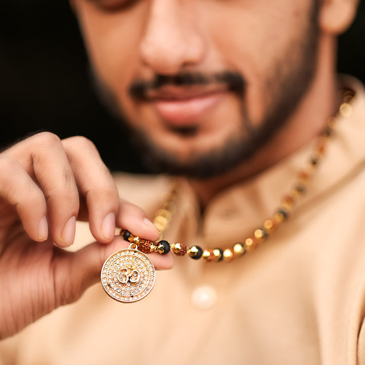 Rudraksha Karungali Malai in Gold-Cap with Om Pendant Lifestyle Men
