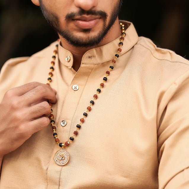 Rudraksha Karungali Malai in Gold-Cap with Om Pendant Lifestyle Men