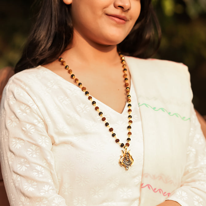 Rudraksha Karungali Malai in Gold-Cap with Shiv Pendant Lifestyle Female