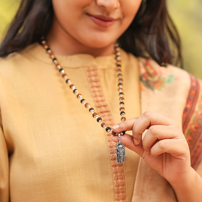 Rudraksha Karungali Malai in Silver-Cap with Murgan Shakti Pendant Lifestyle Female