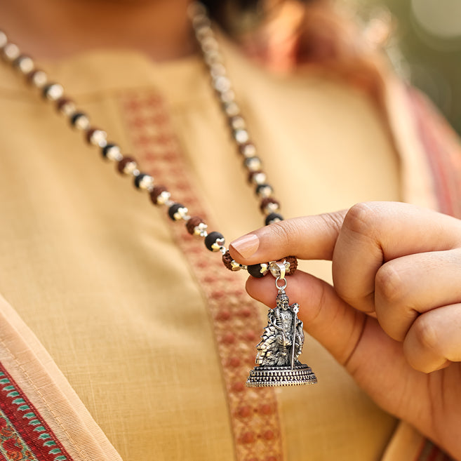 Rudraksha Karungali Malai in Silver-Cap with Lord Murgan with Base Lifestyle Women