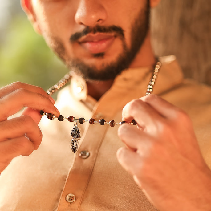 Rudraksha Karungali Malai in Silver-Cap with Vel Peacock Pendant