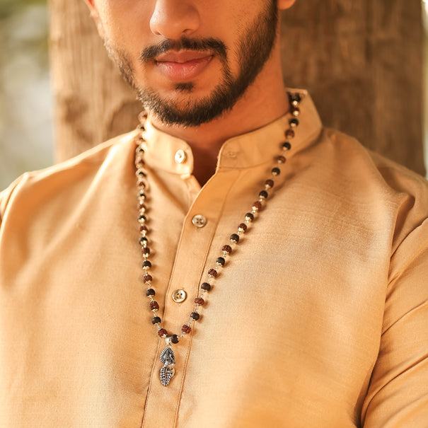 Rudraksha Karungali Malai in Silver-Cap with Vel Peacock Pendant