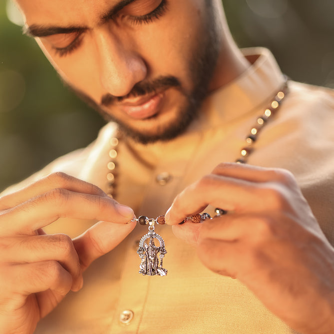 Rudraksha Karungali Malai in Silver-Cap with Lord Murgan Pendant Lifestyle Men