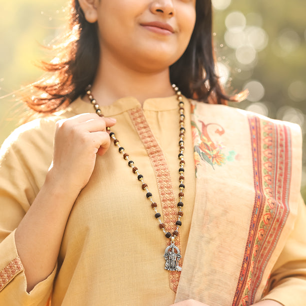 Rudraksha Karungali Malai in Silver-Cap with Lord Murgan Pendant Lifestyle Female
