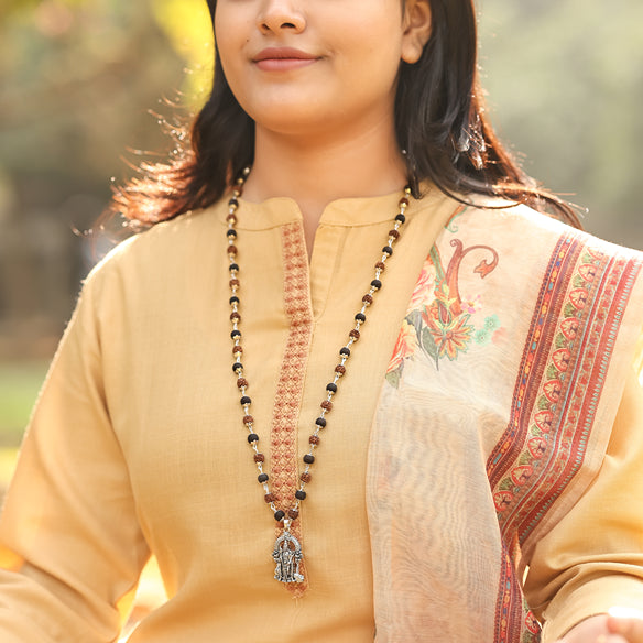 Rudraksha Karungali Malai in Silver-Cap with Lord Murgan Pendant Lifestyle Female