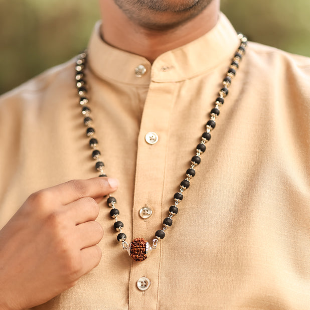 Karungali Mala in Silver-Cap with 5 Mukhi Rudraksha Lifestyle Men
