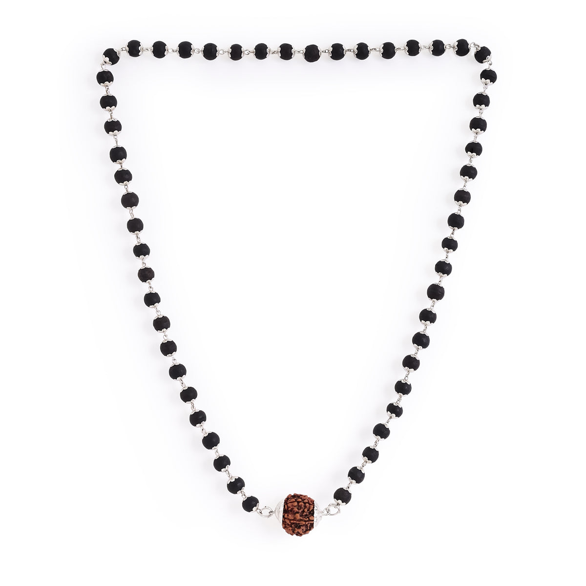 Karungali Mala in Silver-Cap with 5 Mukhi Rudraksha