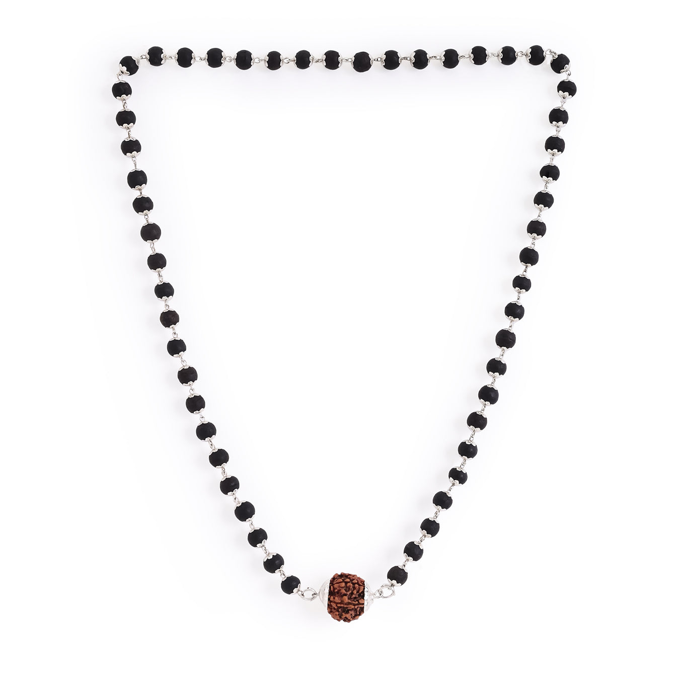 Karungali Mala in Silver-Cap with 5 Mukhi Rudraksha