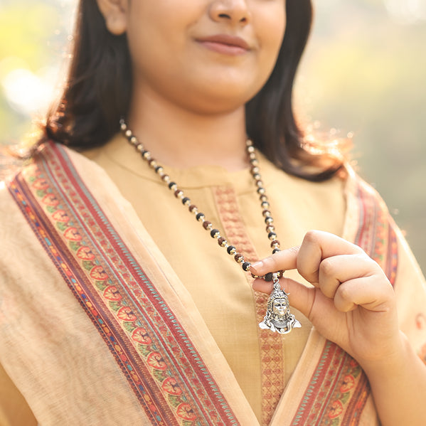Rudraksha Karungali Malai in Silver-Cap with Shiv Pendant Lifestyle Female