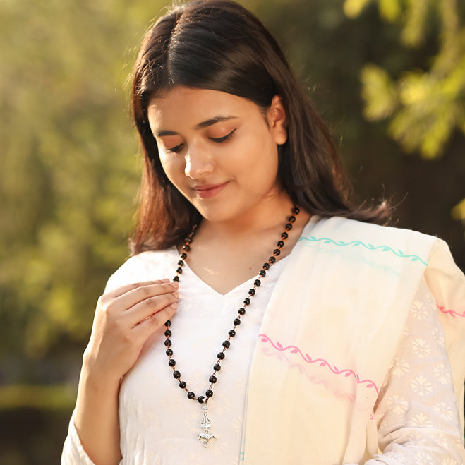 Karungali Malai (Copper wire) wIith Shiv Trishul Nandi Pendant in Silver Finish Lifestyle Female