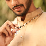 Rudraksha Karungali Malai (Silver-Cap) with Shiv Trishul & Nandi Pendant in Silver Finish Lifestyle Male