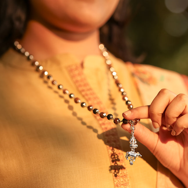 Rudraksha Karungali Malai (Silver-Cap) with Shiv Trishul & Nandi Pendant in Silver Finish Lifestyle Female