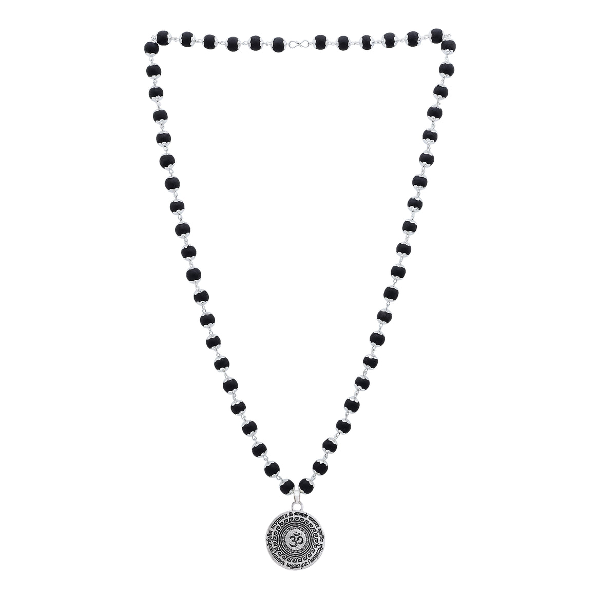 Karungali Malai with Silver-Plated Caps & Oxidized Om Pendant