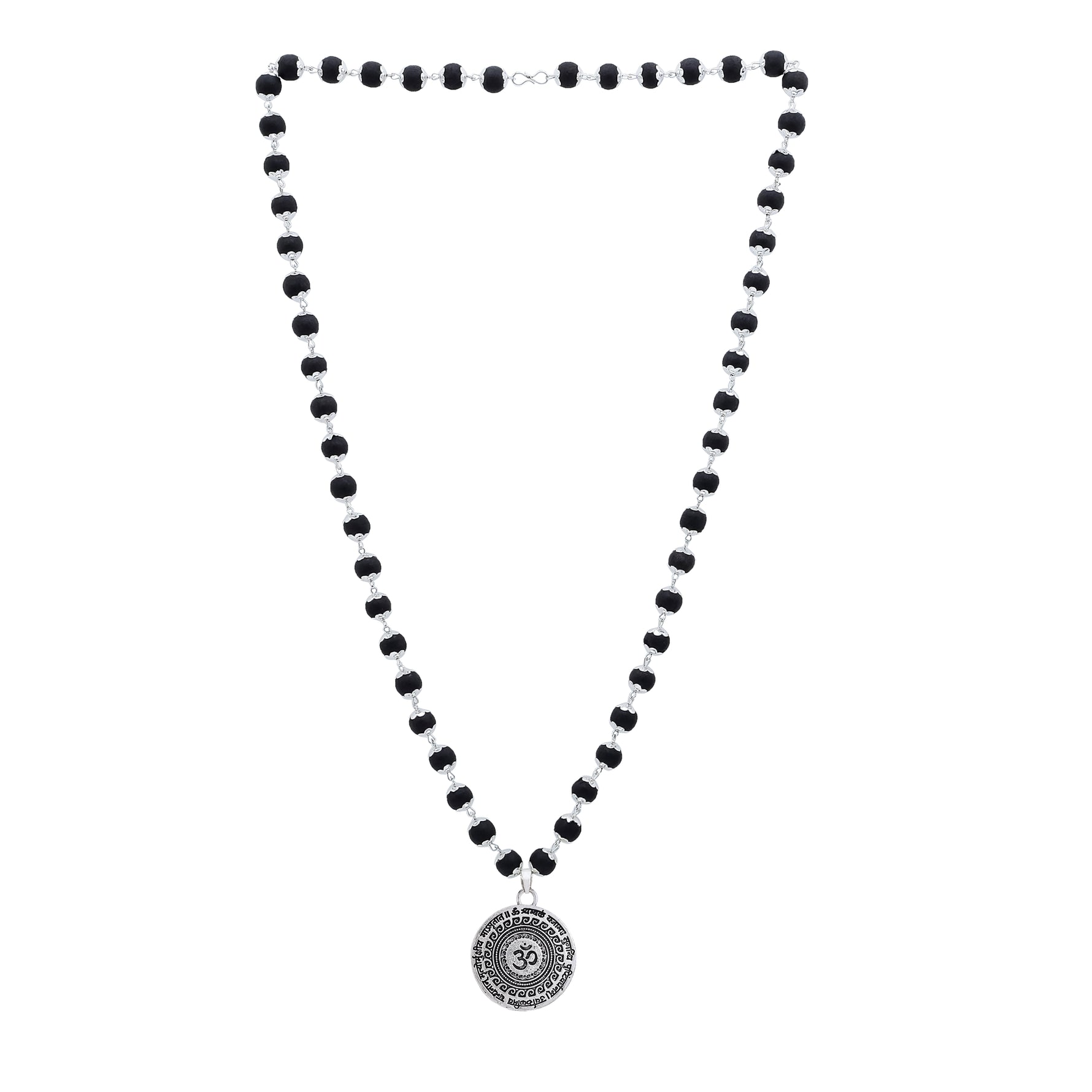 Karungali Malai with Silver-Plated Caps & Oxidized Om Pendant