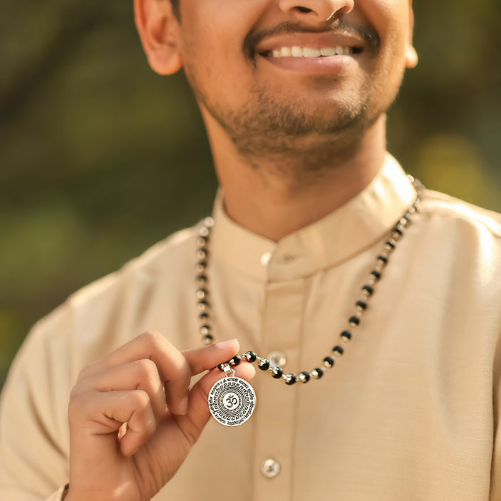 Karungali Malai with Silver-Plated Caps & Oxidized Om Pendant