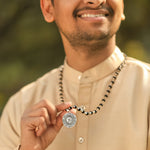 Karungali Malai with Silver-Plated Caps & Oxidized Om Pendant