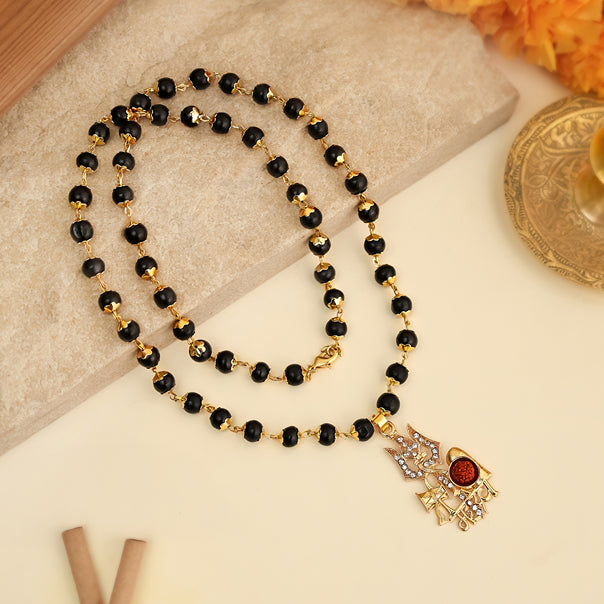 Mahadev Trishul Pendant with Gold-Plated Karungali and Rudraksha