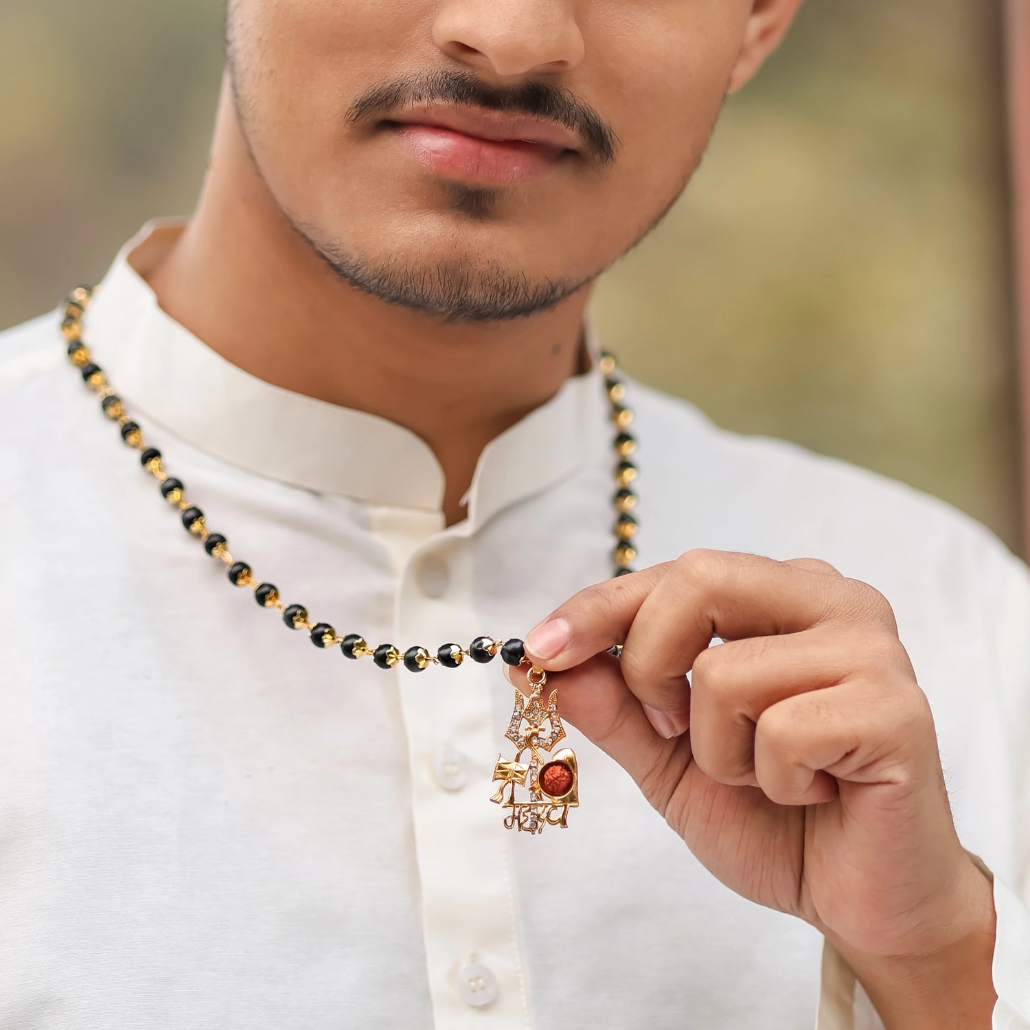 Mahadev Trishul Rudraksha Pendant with Gold-Plated Karungali