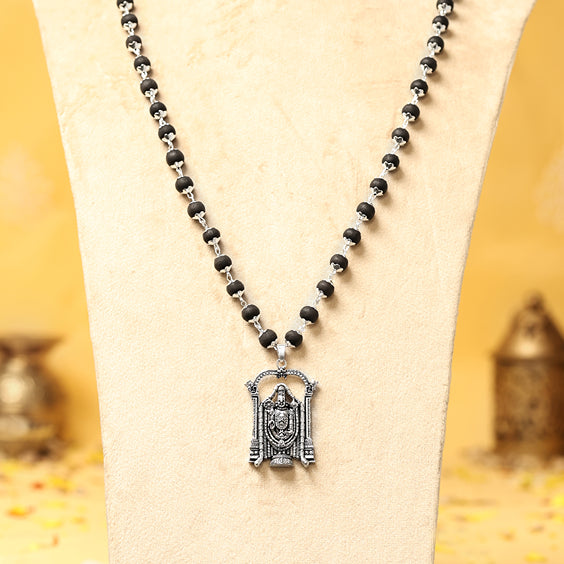 Silver-Capped Karungali Malai with Lord Venkateswara Balaji Pendant