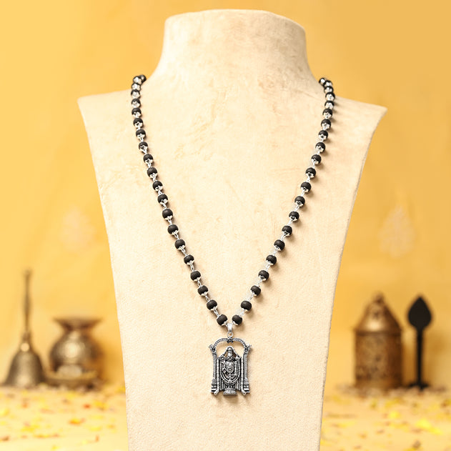 Silver-Capped Karungali Malai with Lord Venkateswara Balaji Pendant