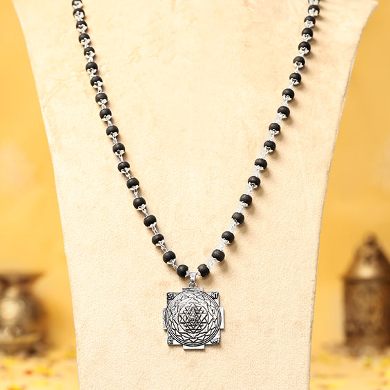 Silver-Capped Karungali Malai with Shree Yantra Pendant