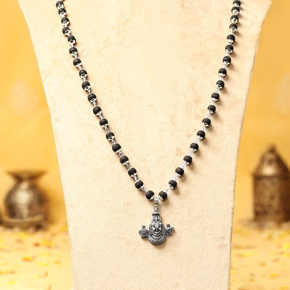 Silver-Capped Karungali Malai with Lord Venkateswara Face Pendant