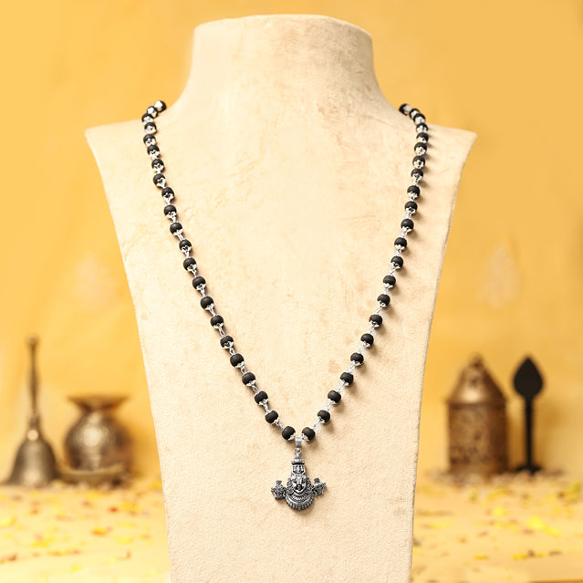 Silver-Capped Karungali Malai with Lord Venkateswara Face Pendant
