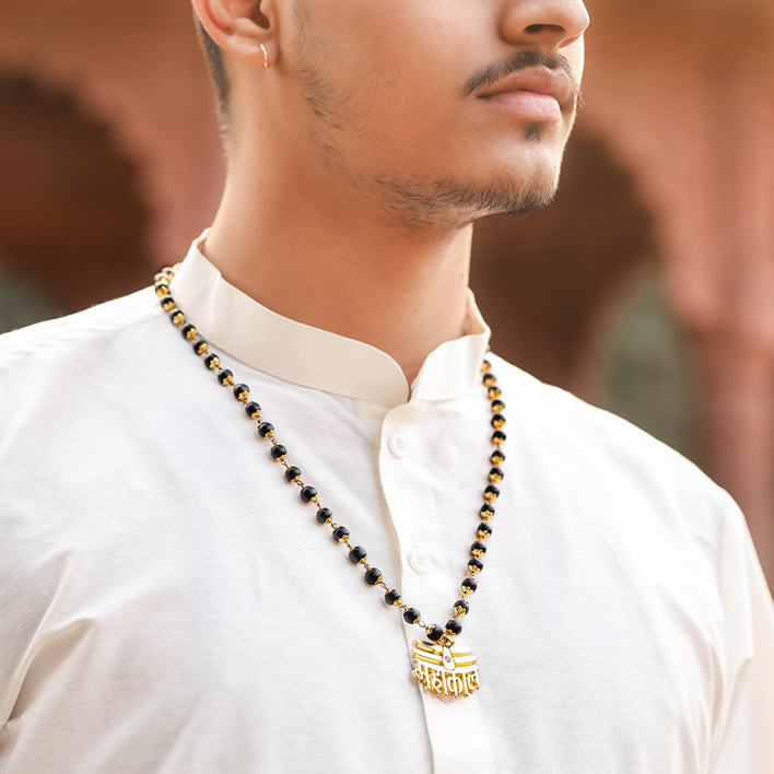 Gold-Capped Karungali Malai with Mahakal Pendant