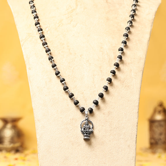 Silver-Capped Karungali Malai with Lord Ayyappa Pendant