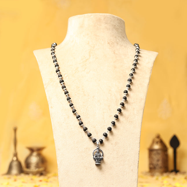 Silver-Capped Karungali Malai with Lord Ayyappa Pendant