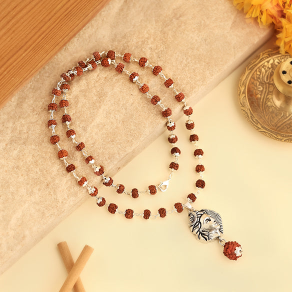 Silver-Capped Rudraksha Pendant with Adiyogi