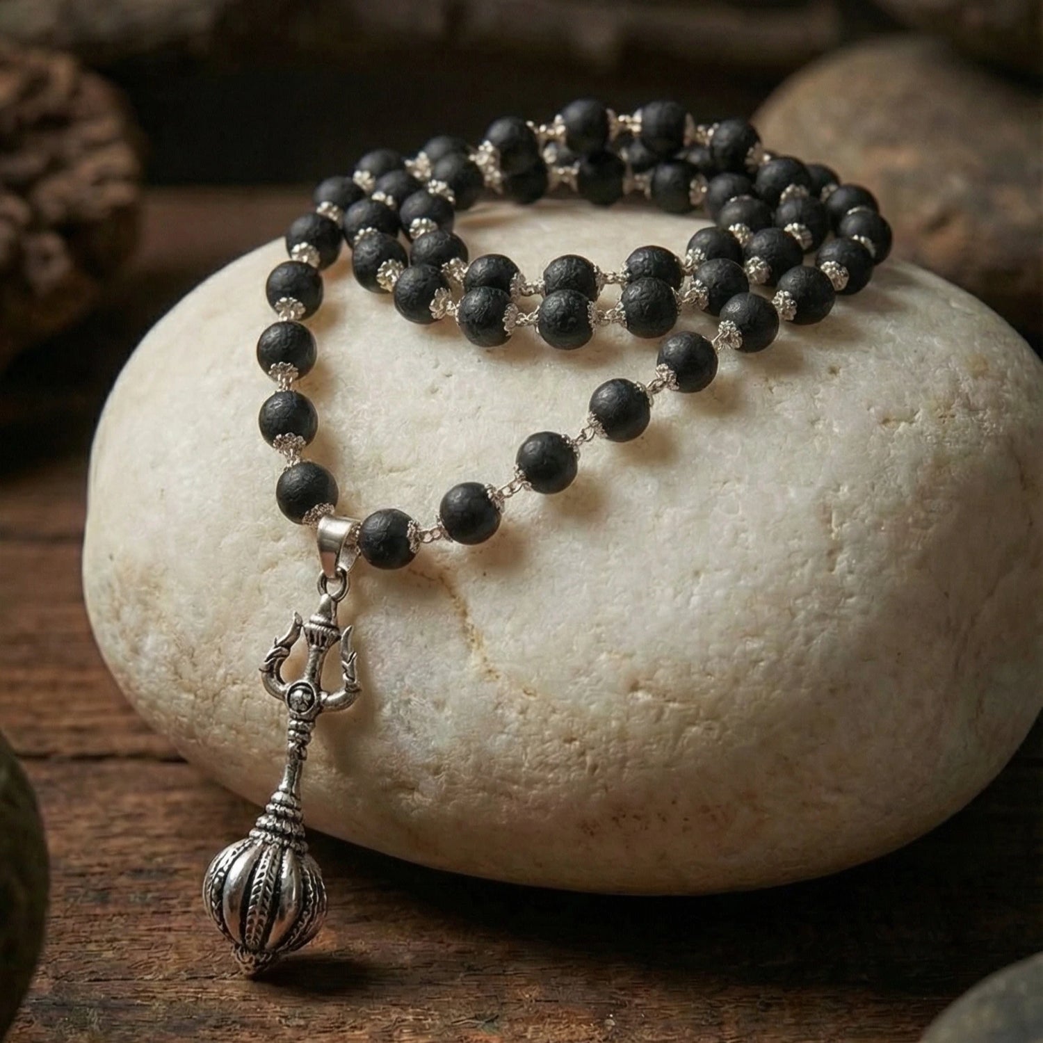 Silver Cap Karungali Mala With Hanuman Gada And Trishul