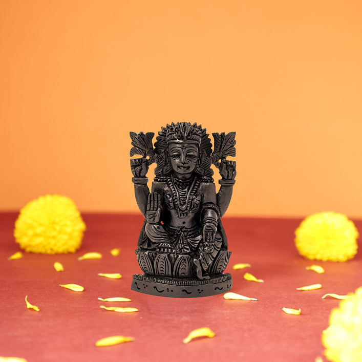Divine Hindu Lakshmi Ji Karungali Idol on Lotus Base