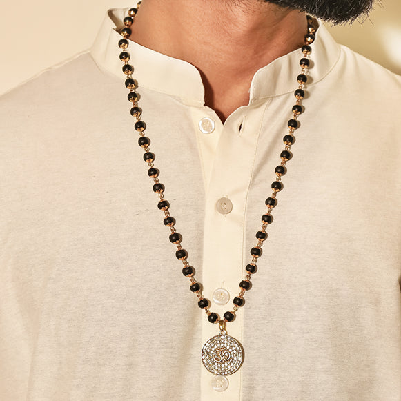 Divine Karungali Malai with Gold Capped Beads & Om Pendant