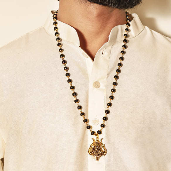 Divine Karungali Malai with Gold Capped Beads & Shiv Trishul Pendant