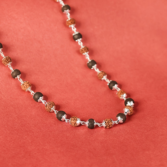 Divine Rudraksha & Karungali Malai in Silver Cap closeup