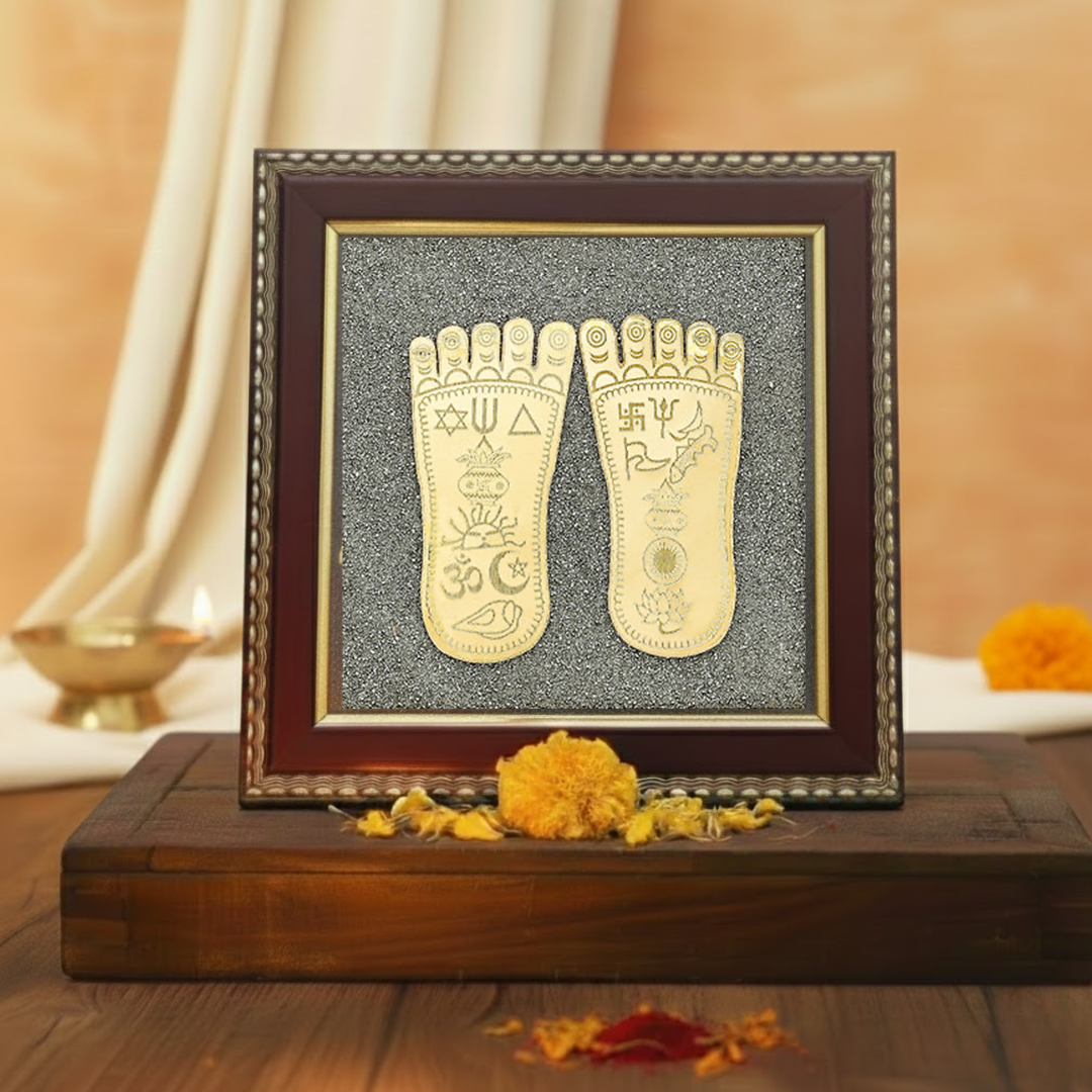 Raw Pyrite Frame with Goddess Laxmi Charan Paduka