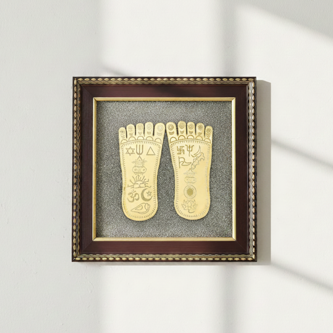 Raw Pyrite Frame with Goddess Laxmi Charan Paduka