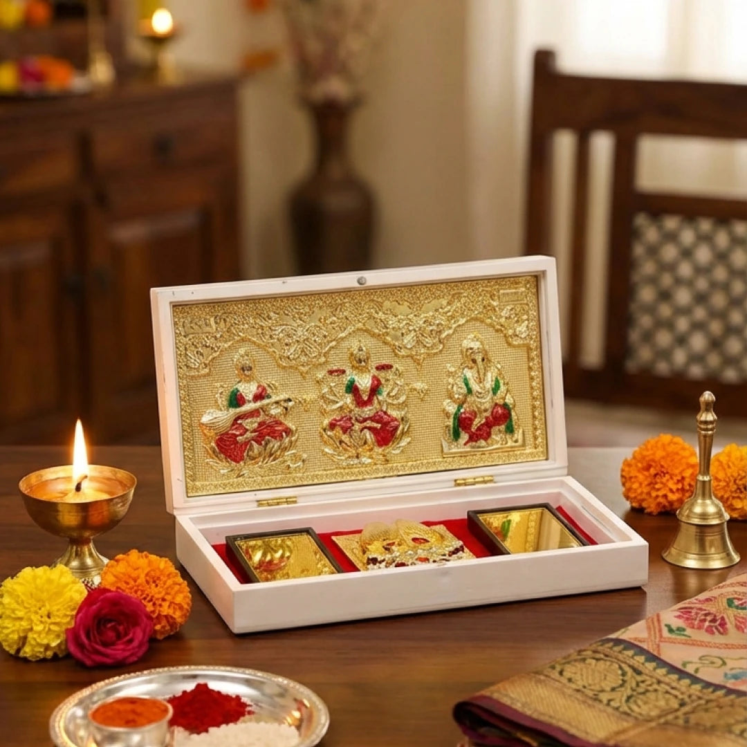 Ganesh Lakshmi Saraswati Pocket Temple - Gold Platted