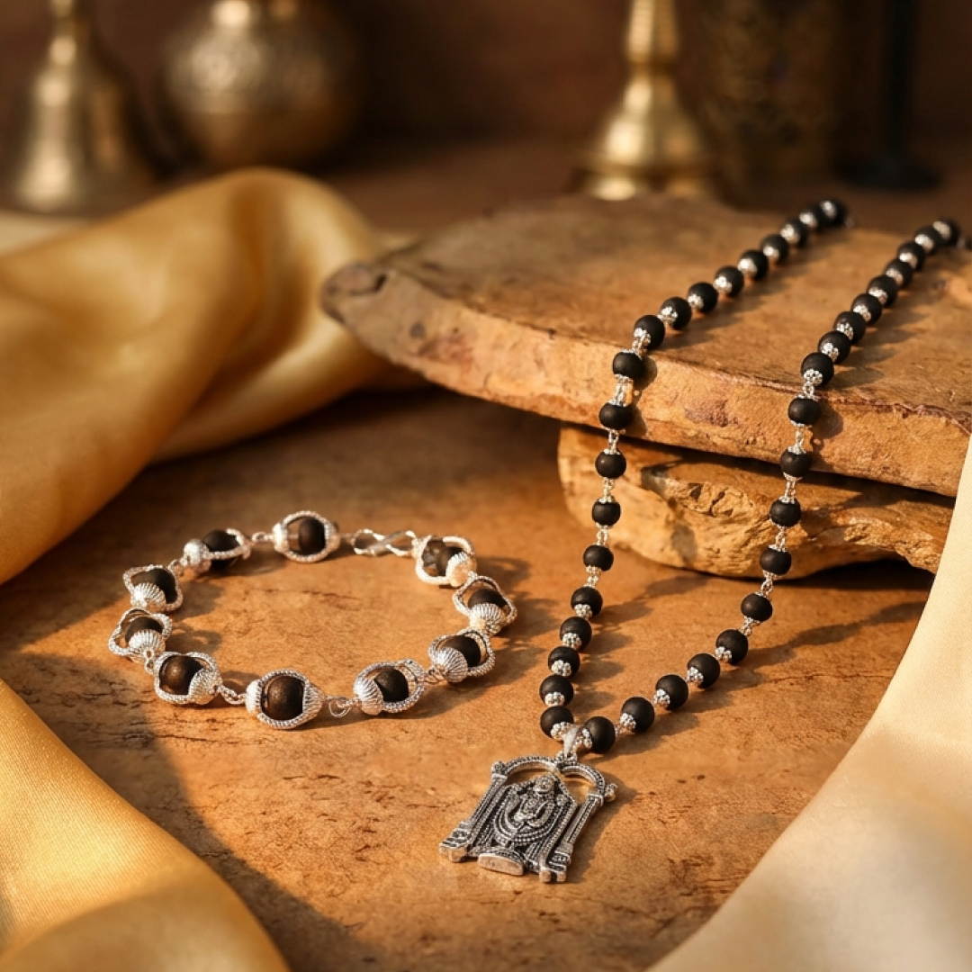 Lord Venkateswara Karungali Malai & Bracelet Silver Cap Combo (Certified)
