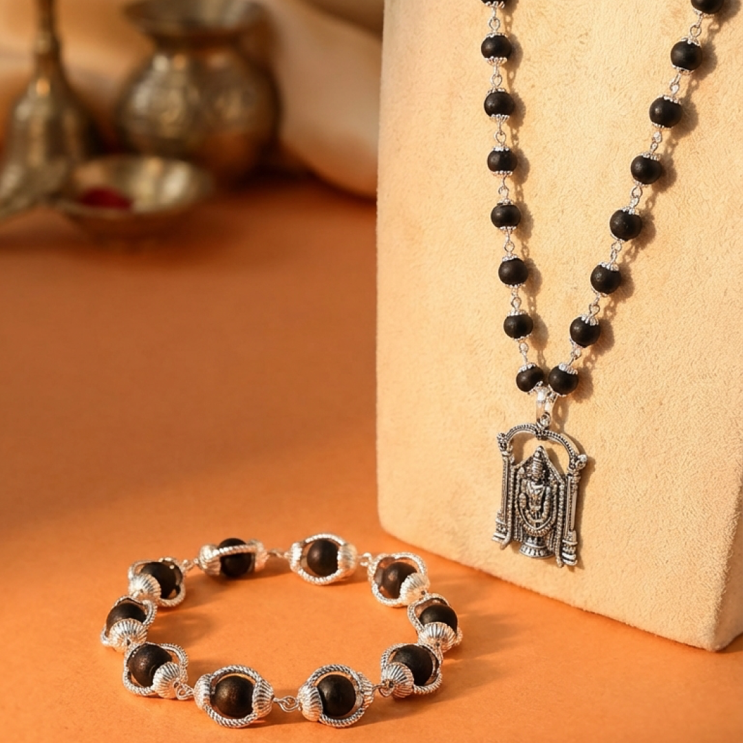Lord Venkateswara Karungali Malai & Bracelet Silver Cap Combo (Certified)