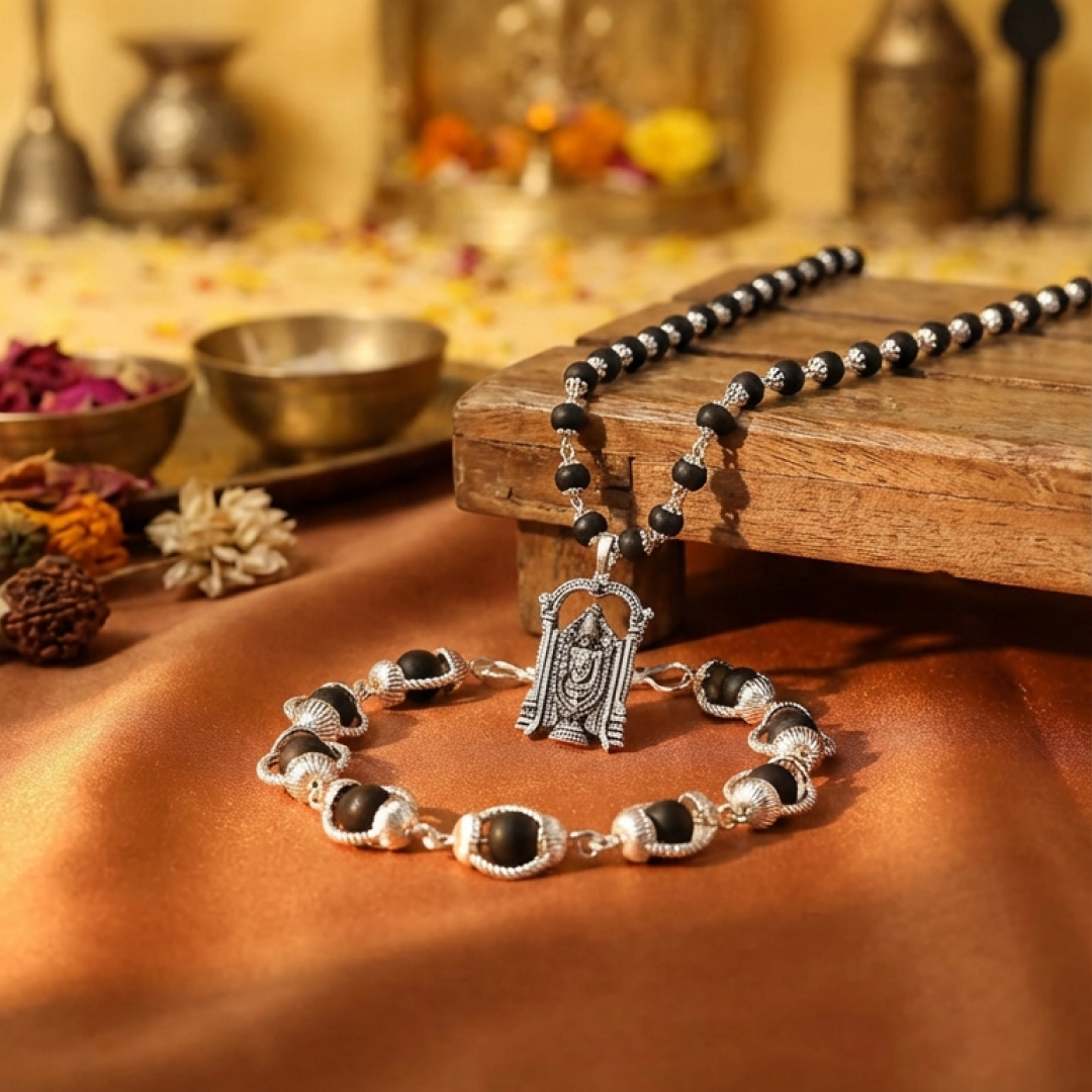 Lord Venkateswara Karungali Malai & Bracelet Silver Cap Combo (Certified)