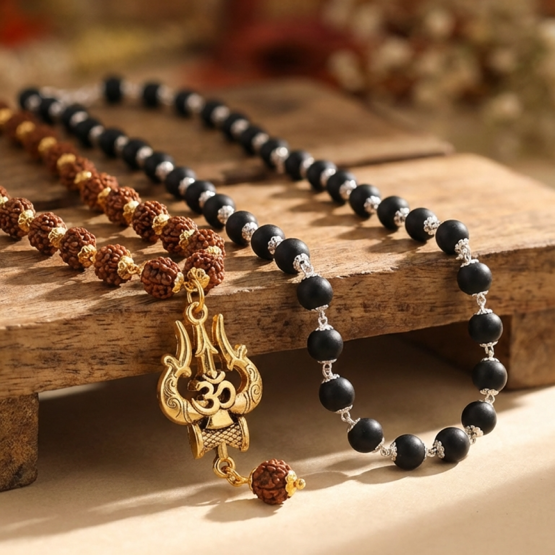 Om Shiva Rudraksha & Karungali Silver Cap Necklace Combo (Certified)