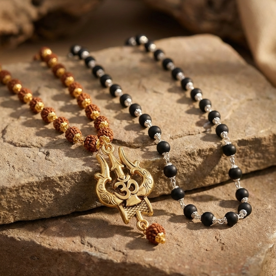 Om Shiva Rudraksha & Karungali Silver Cap Necklace Combo (Certified)