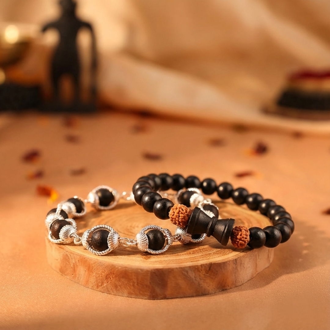 Karungali Silver Cap Bracelet & Rudraksha Damru Combo (Govt. Certified)