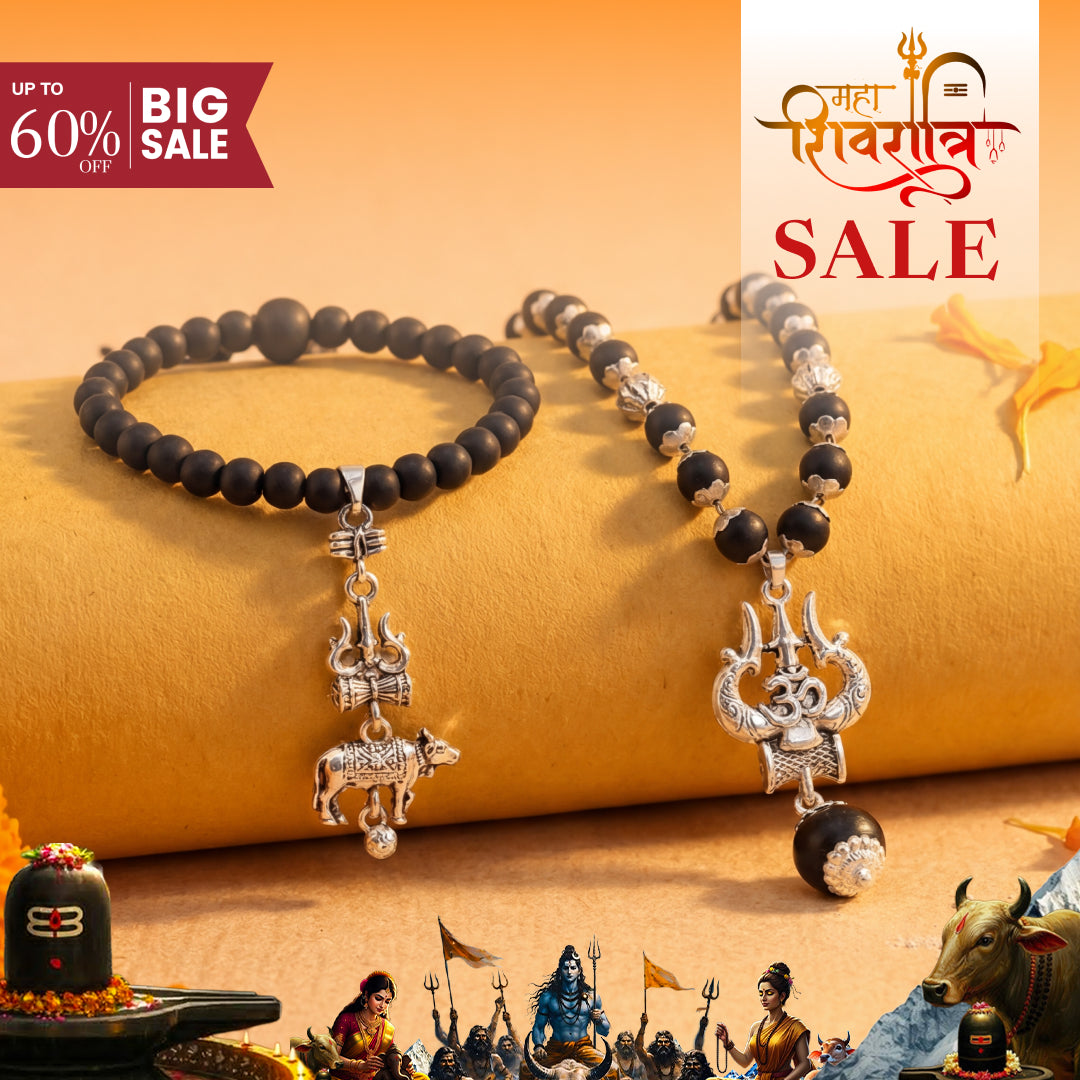 OM Shiva Trishool Karungali Mala Combo with Shiv Nandi Trishul Bracelet for Protection