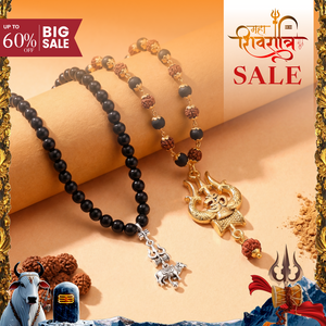 Rudraksha Karungali Malai Combo with Shiv Trishul & Nandi Pendant Gold and Silver Caps